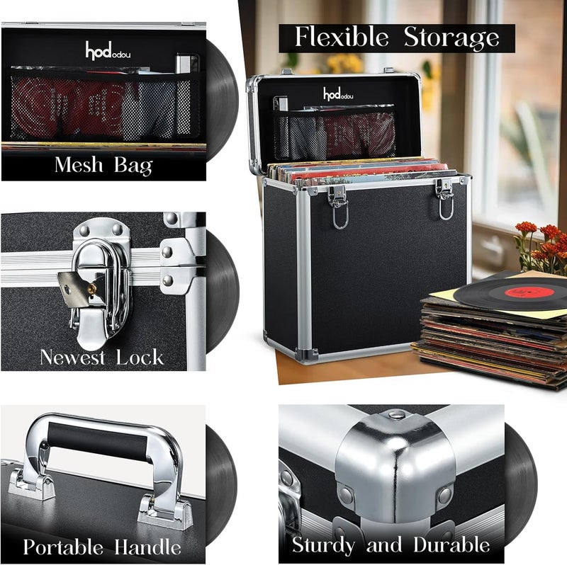 Hododou Vinyl Record Storage Case LP Album Collection Display Box Aluminium Water Resistant Vinyl Record Organizer Storage Holds 30+ Valuable Records 7/10/12 Inch Collapsible Storage Crate with Mesh Bag Black - Image 5